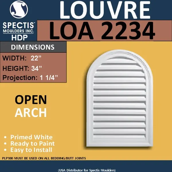 Spectis catalog plate for LOA 2234, an arch-top open gable louver, primed white urethane.