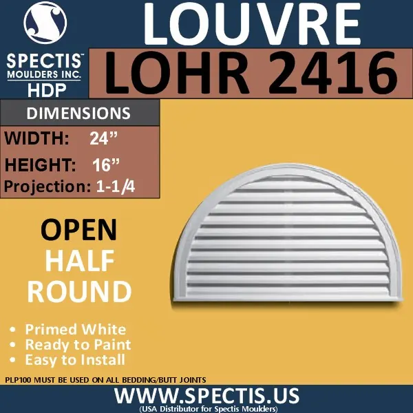 Spectis catalog plate for LOHR 2416, a 24 by 16 inch half-round open gable louver, primed white.