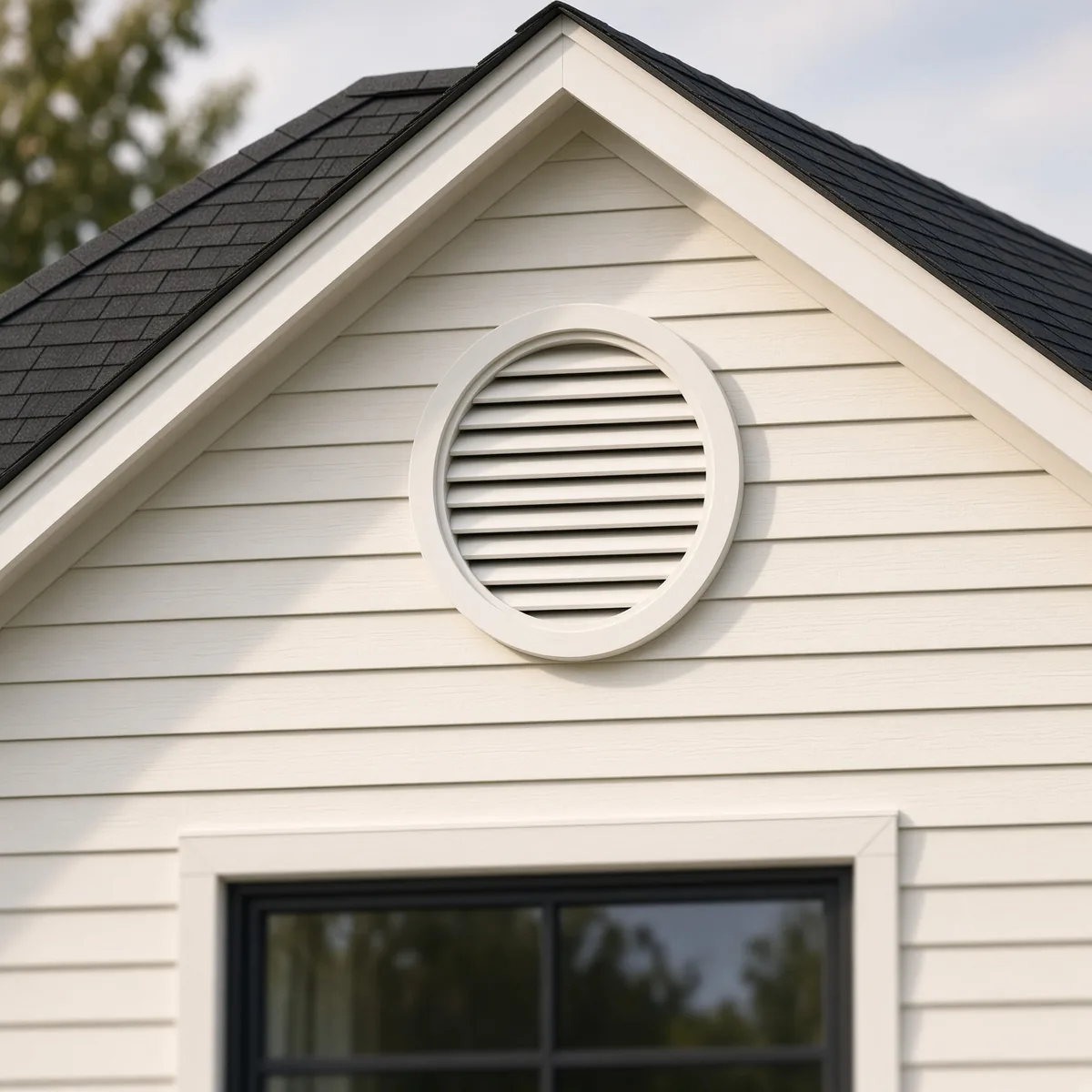 White round open gable louver with horizontal slats, set in the peak of a modern house under a charcoal shingle roof.