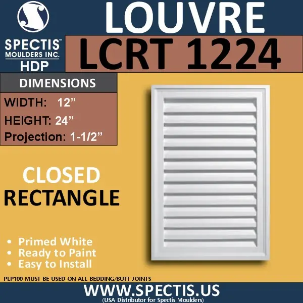 Spectis catalog plate for LCRT 1224, a 12 by 24 inch closed rectangle gable louver, primed white.
