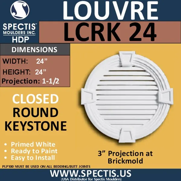 Spectis catalog plate for LCRK 24, a closed round gable louver with a keystone, primed white.