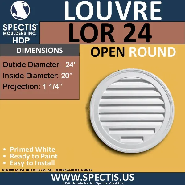 Spectis catalog plate for LOR 24, a 24 inch round open gable louver, primed white high-density polyurethane.